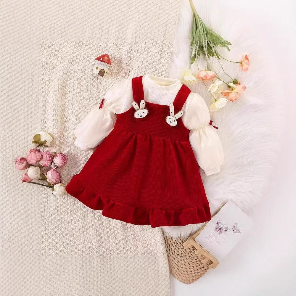 Girls' dress -  autumn/winter collection - baby fleece-lined red birthday/christmas/chinese new year party dress - little princess style
