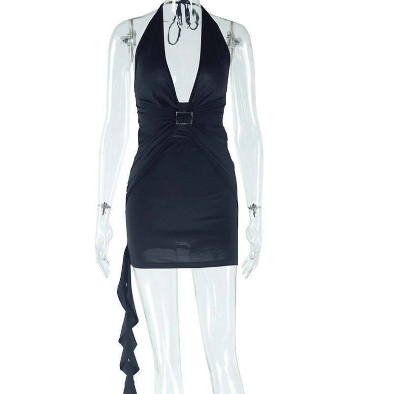 Fashion style ins cross-border women's clothing deep v necksexy halterneck pure colordress pleated street stylish short hip skirt