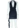 Fashion style ins cross-border women's clothing deep v necksexy halterneck pure colordress pleated street stylish short hip skirt