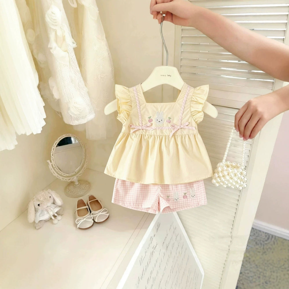 Cute cartoon rabbit girl's summer outfit set -  new summer collection: memory foam bunny top & plaid pants for babies