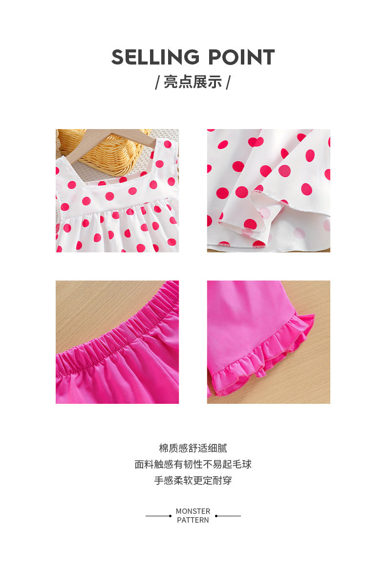 girls' summer tank top set - trendy pink polka dot with ruffle shorts - kids' two-piece cami outfit