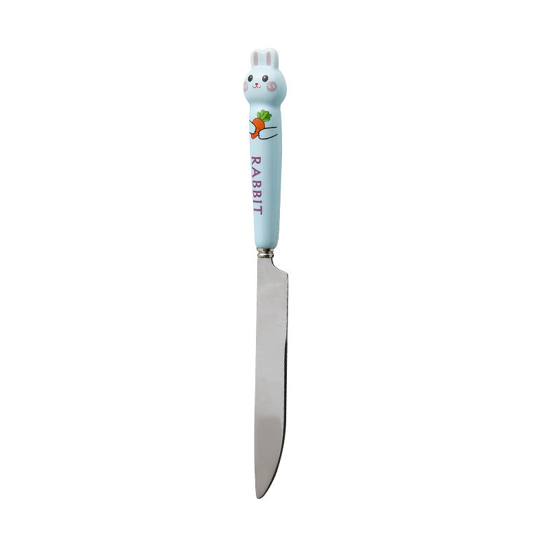 Cartoon stainless steel cutlery set: cute kids' forks with stylish ceramic handles, exquisite dessert spoons, and serving spoons