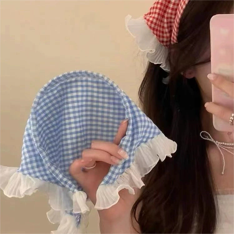 Blue and white lace headband and headscarf all-in-onefrench triangle scarf head scarf square hat hat pastoral style zhou ye same style hair accessories for women