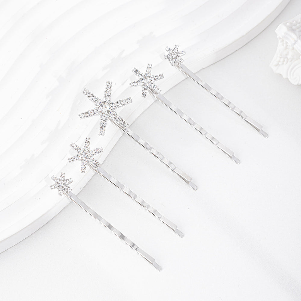 Wholesale alloy snowflake headwear - european & american cross-border e-commerce rhinestone jewelry - fashionable autumn/winter women's diamond-studded hair clip set