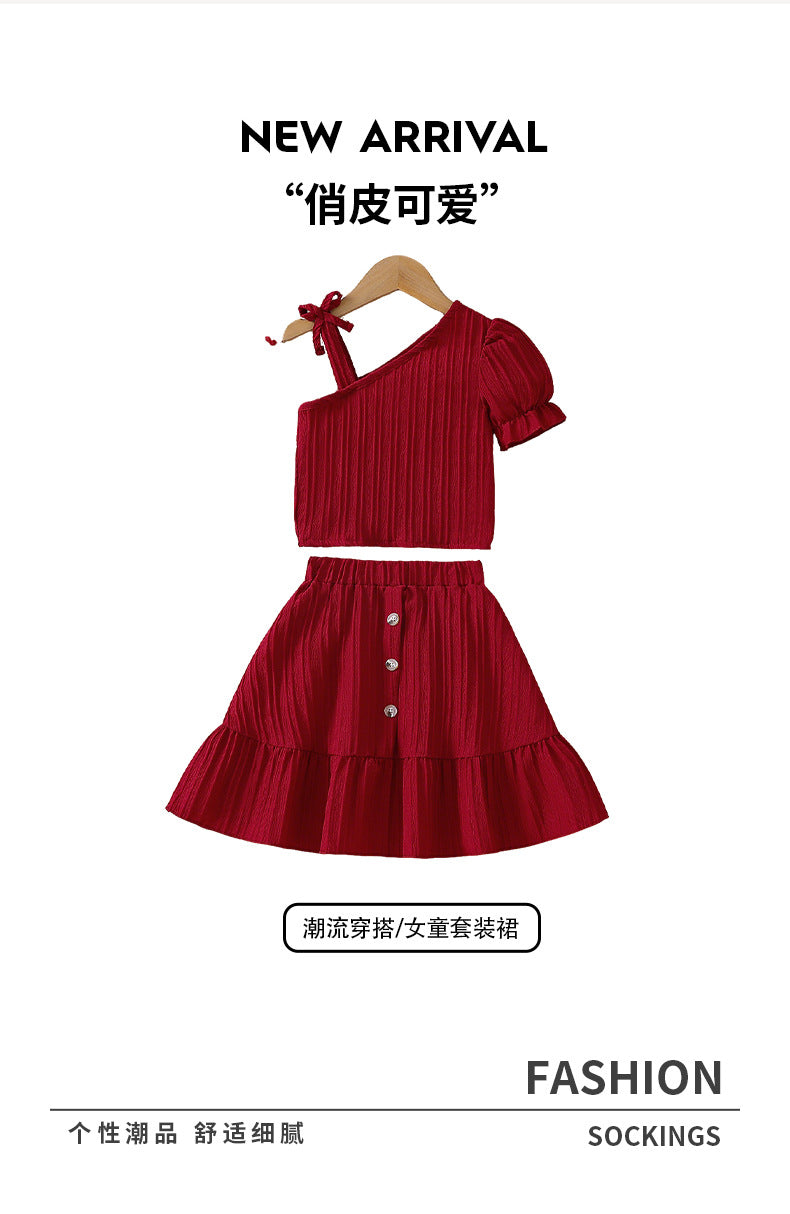 girls' summer dress set - burgundy one-shoulder tie-up cami top and skirt two-piece outfit for little girls