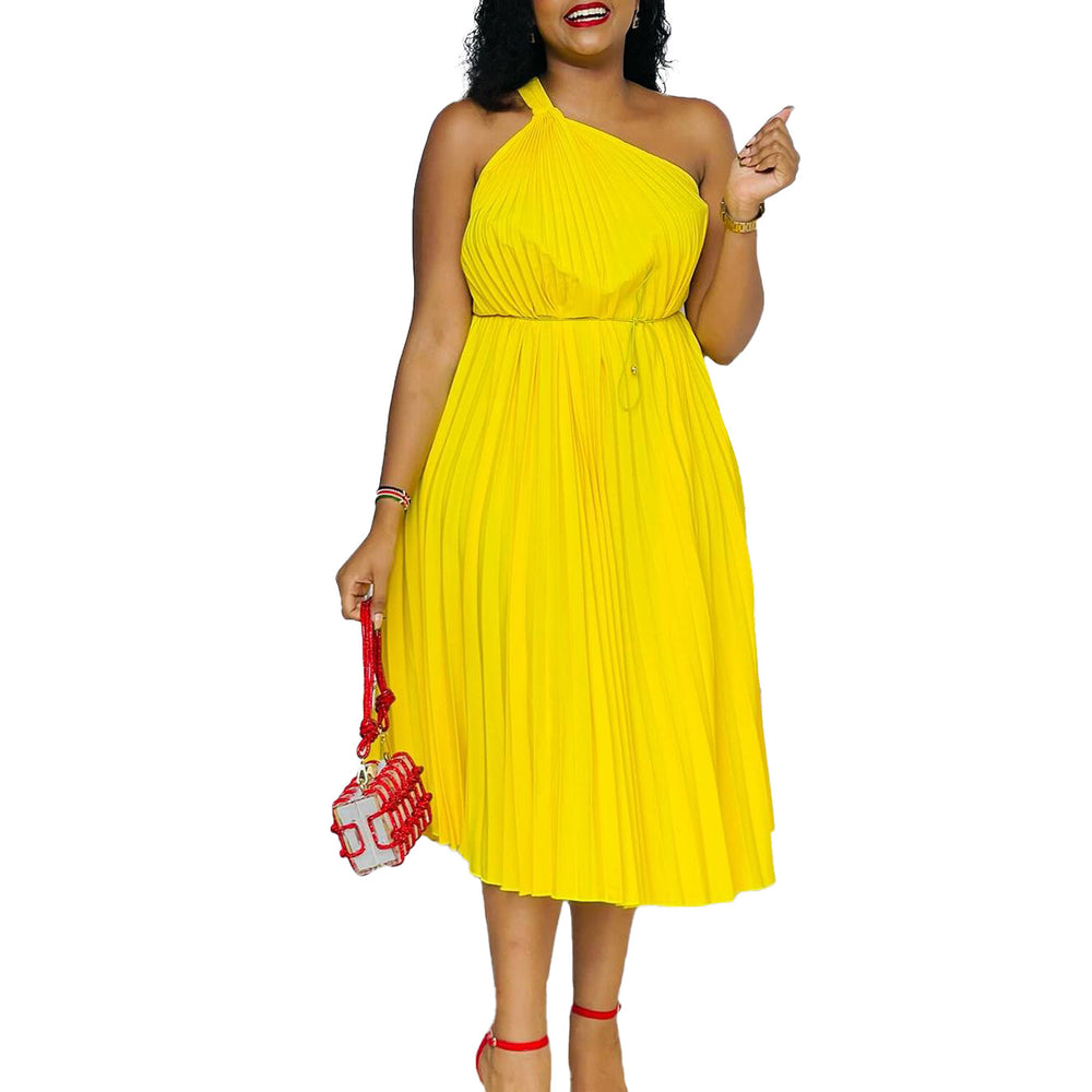 Amazon foreign trade women's summer  new solid color one-shoulder tie-up a-line dress, loose pleated european and american style dress