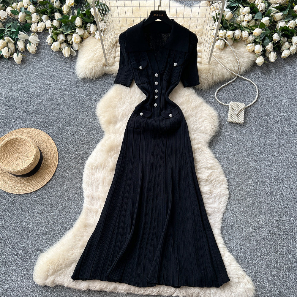 K-style pure desire lapel knitting short-sleeved dress women's summer silm single-breasted waist slimming lookelegant long skirt