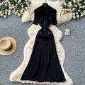 K-style pure desire lapel knitting short-sleeved dress women's summer silm single-breasted waist slimming lookelegant long skirt