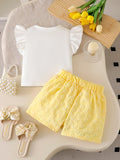 spring/summer new arrival: cross-border girls' flutter sleeve knit top + irregular jacquard skirt-pants two-piece set