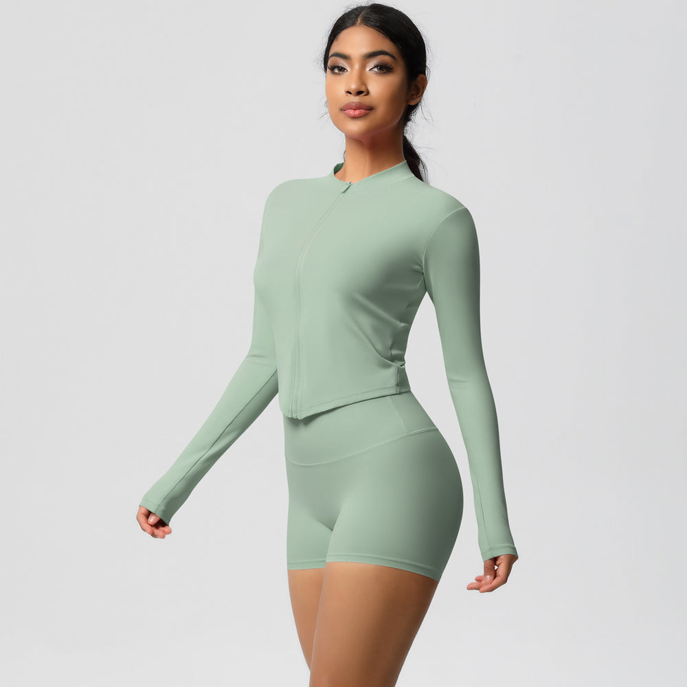 pure color brushed nylon nude zipper outwearlong sleeves yoga suit tight running sports fitness suit
