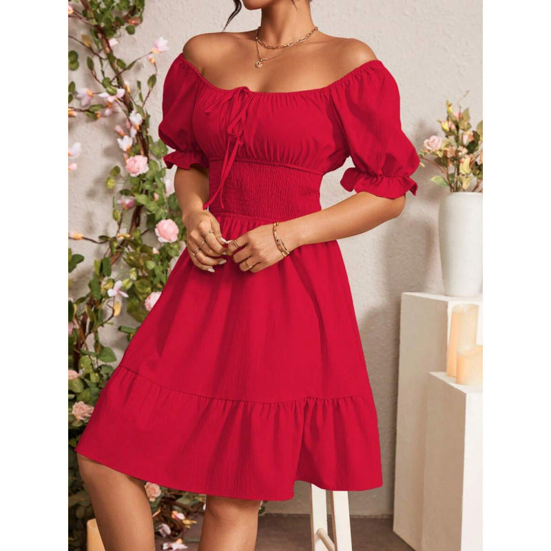 fashion  summer new arrivalelegantrufflespure color puff sleeve square neck shortdress