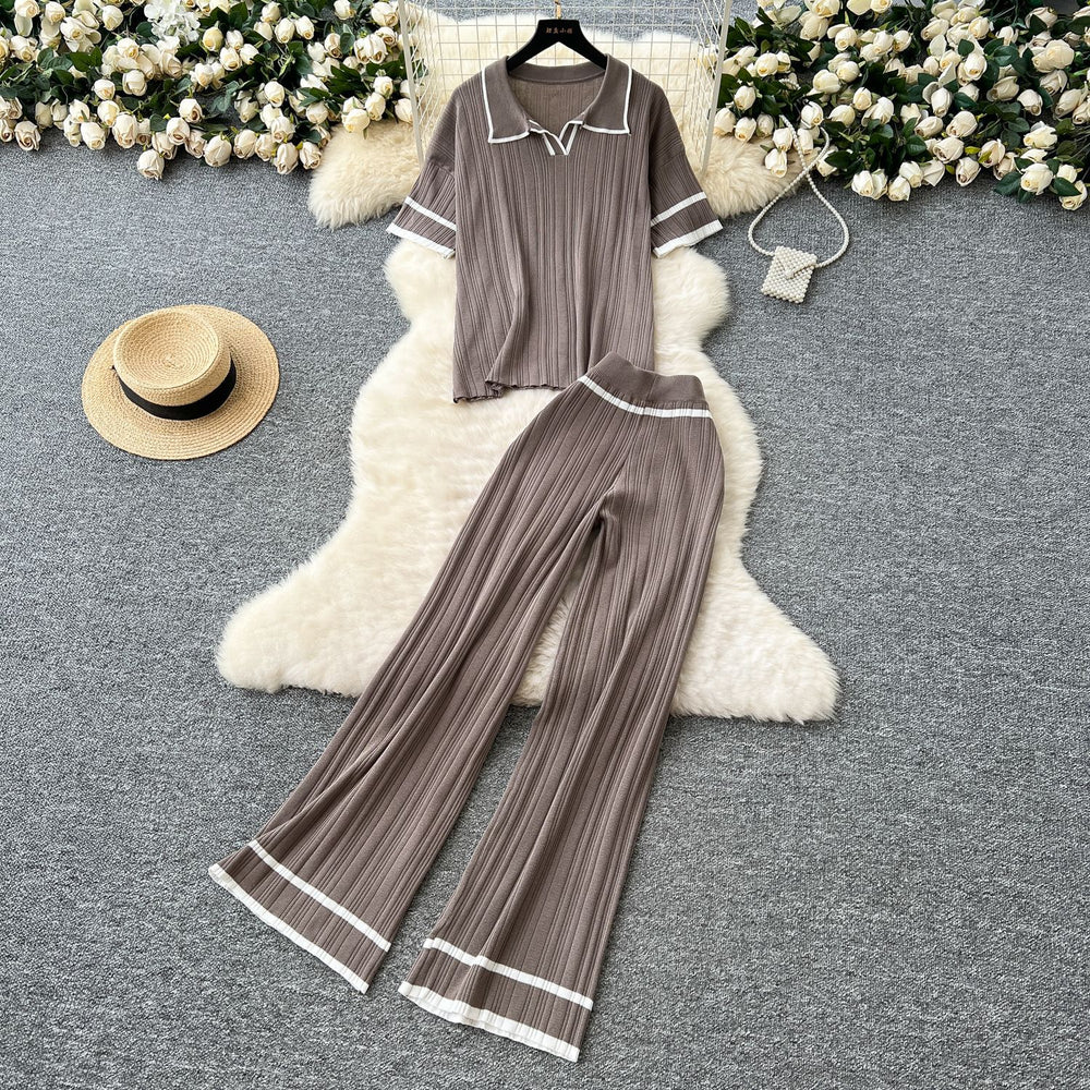 Korean style retro fashion color block turn-down collar short sleeve knit top + high waist casual wide leg pants  summer set