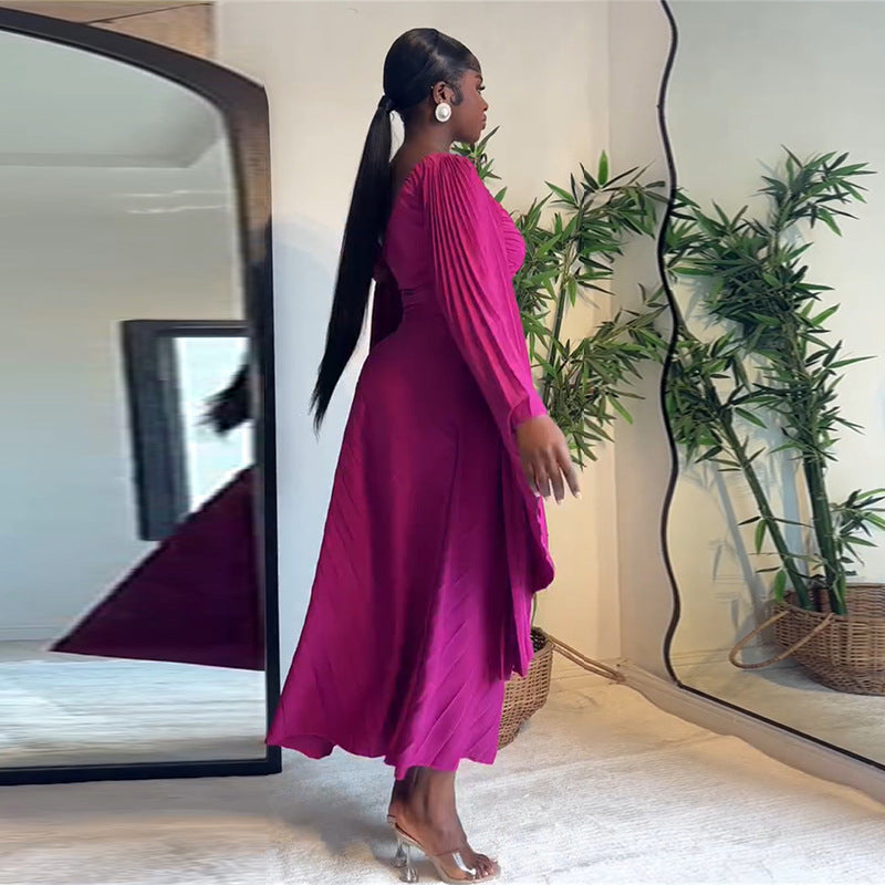 European and american women's clothing  autumn new collection: sweet and fresh asymmetrical neckline, extra-long flared sleeves, high-waisted slimming pleated maxi skirt