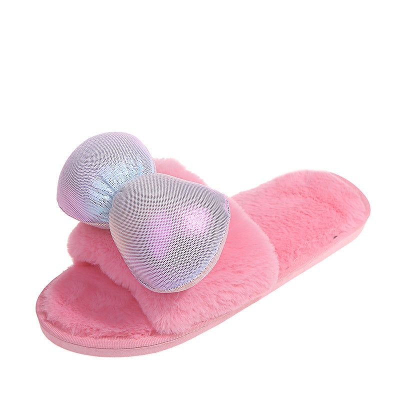 Girly cute ins-style cotton slippers - indoor/outdoor flat-floor home warm autumn/winter bowknot fuzzy slippers