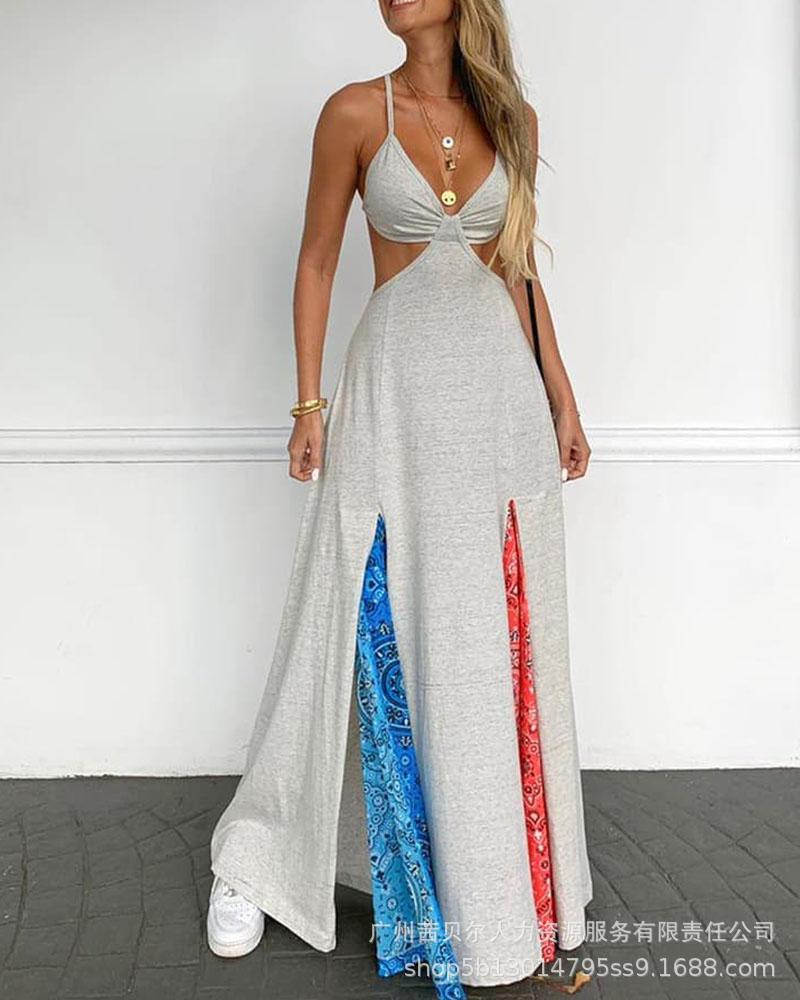 Spot  2022 European and American new contrasting color printing splicing sexy strap long suspender skirt