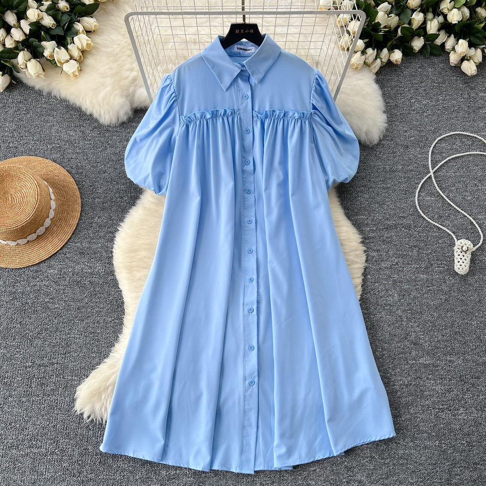 Lazy style dress women's korean style fashionsense of design lantern sleeves pleated single-breasted slimming lookloose shirt skirt