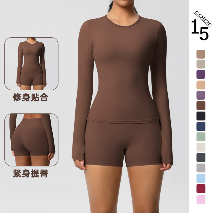 New arrival cross-border pure color double-sided brushed tight long yoga suit sports running fitness suit two-piece set for women