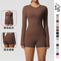 New arrival cross-border pure color double-sided brushed tight long yoga suit sports running fitness suit two-piece set for women
