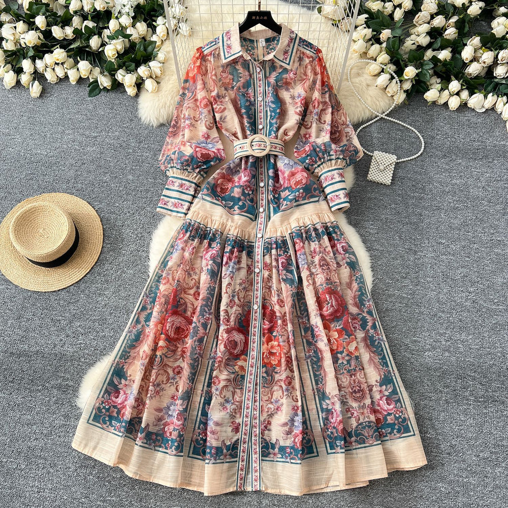 European and american retro chic court-style printed collar lantern sleeve cinched waist single-breasted dress - women's slimming elegant maxi dress
