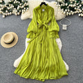 Lightly mature style diamond-encrusted elegance a-line dress women's long sleevestie back waist slimming lookelegant pleated long skirt work clothing