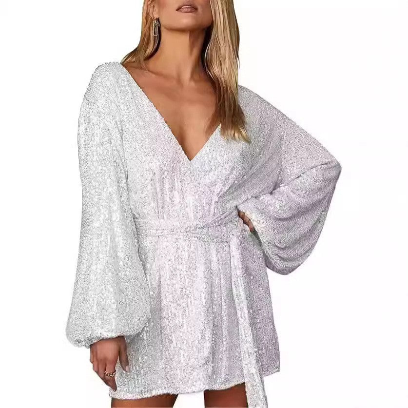 2025 new sequin mini wrap dress for women - v-neck, long sleeve, puff sleeve, sparkly wrap party dress