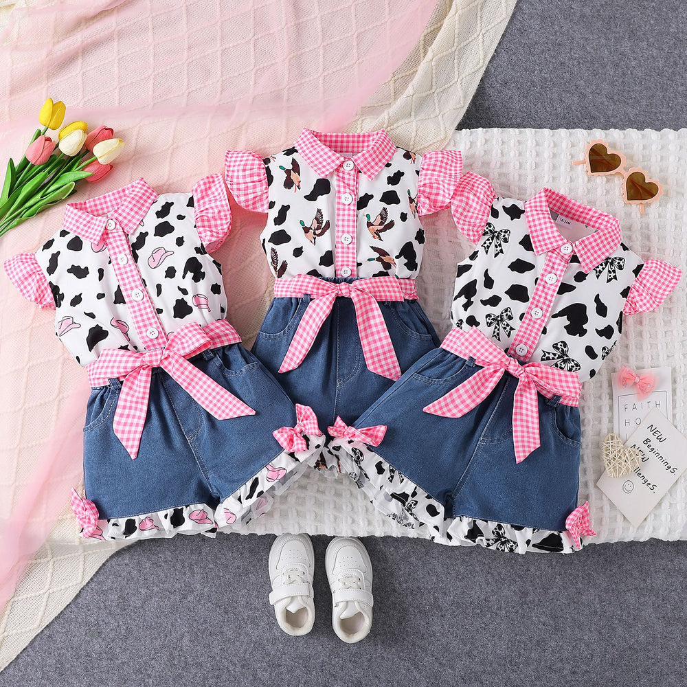 Children's clothing  cross-border fashion pink plaid printed pattern tops denim