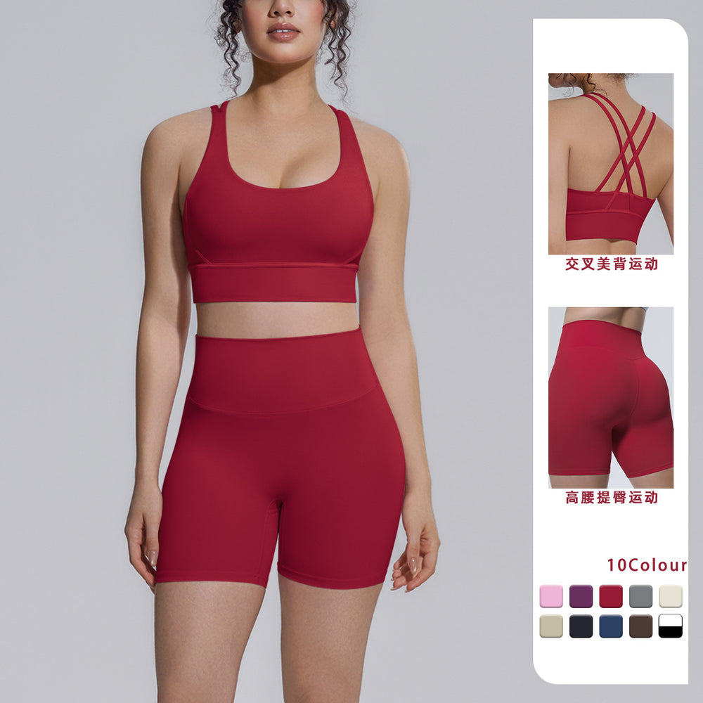 nude tight yoga wear cross-back sports bra suithigh waist hip lifting running fitness wear for women