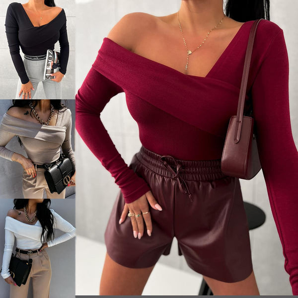 2024 Spring and Autumn Cross-border Women   New Solid Color Fashion Sexy Off-Shoulder Long Sleeve T-Shirt