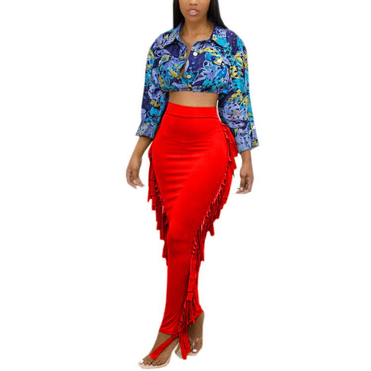 European and american export women's clothing:  casual sexy side-slit irregular tassel solid color butt-lifting midi skirt