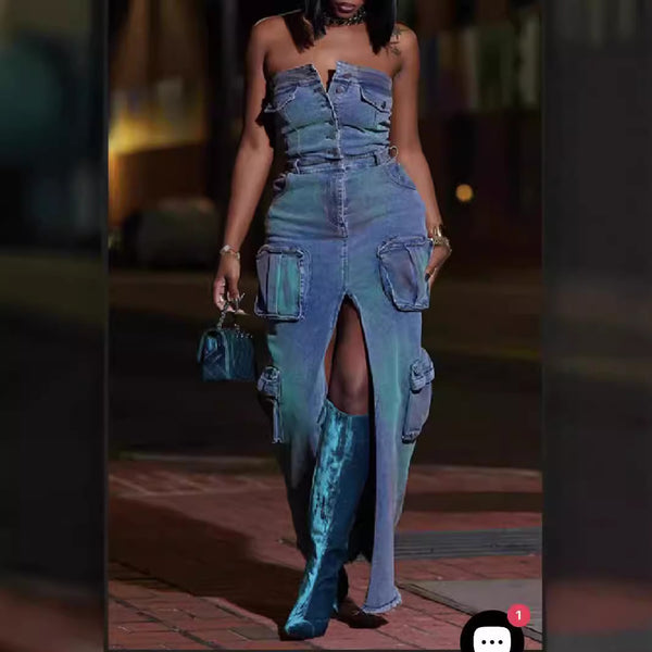 Foreign trade   European and American new personalized sexy tube top waist front split hip denim dress women