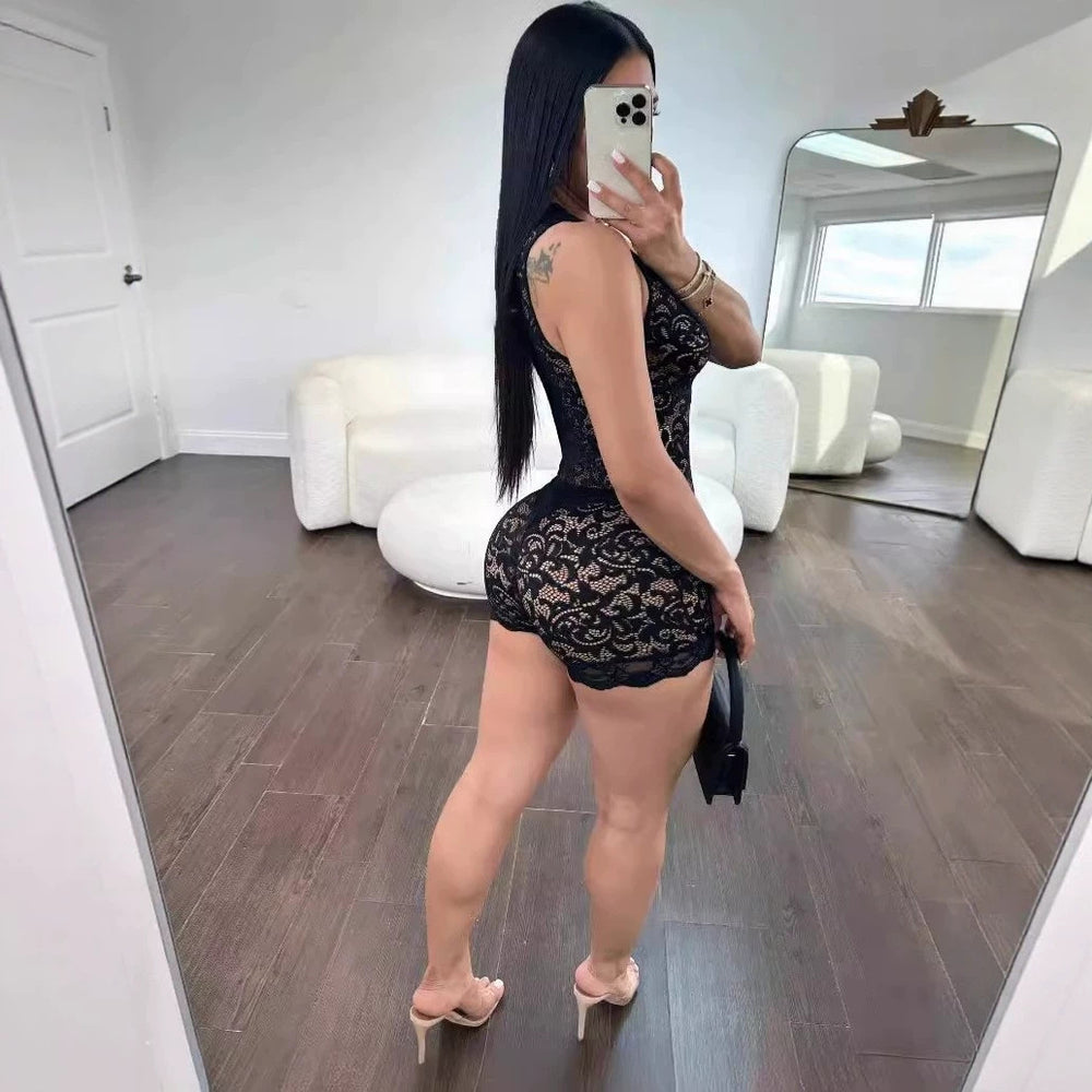 fashionlacesexy low-cut see-through cut out sleeveless tops hip-covering shorts jumpsuit no ironing