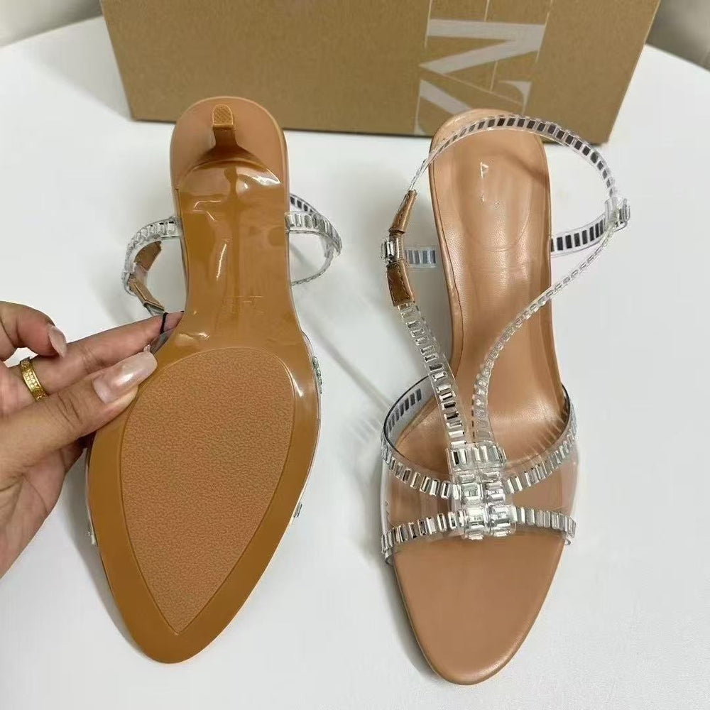 Silver open-toe rhinestone clear wine glass heel roman sandals - women's sexy fairy wind crystal high heels - niche design