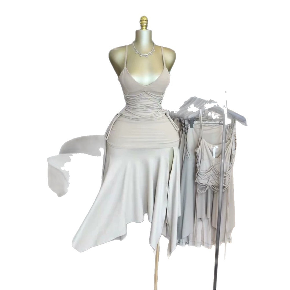 European and american cross-border women's fashion  summer new arrival: elegant tie-strap v-neck camisole top and asymmetrical midi skirt set