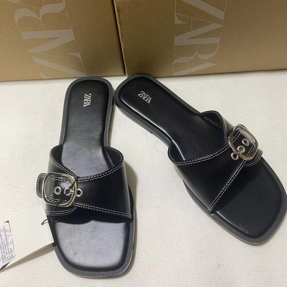 Za2024autumnew arrival one-piece strap back hollow outwear sandals black buckle flats sandals breathable casual