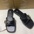 Za2024autumnew arrival one-piece strap back hollow outwear sandals black buckle flats sandals breathable casual