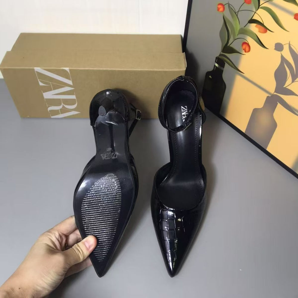 Za 2025 patent leather pointed-toe black high heels - women's stiletto heel cutout thong sandals - versatile professional style