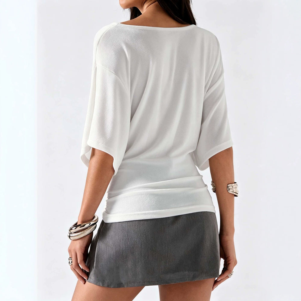 French-style criss-cross v-neck batwing sleeve top - women's slimming, ruched, and figure-flattering t-shirt for a chic and gentle commute