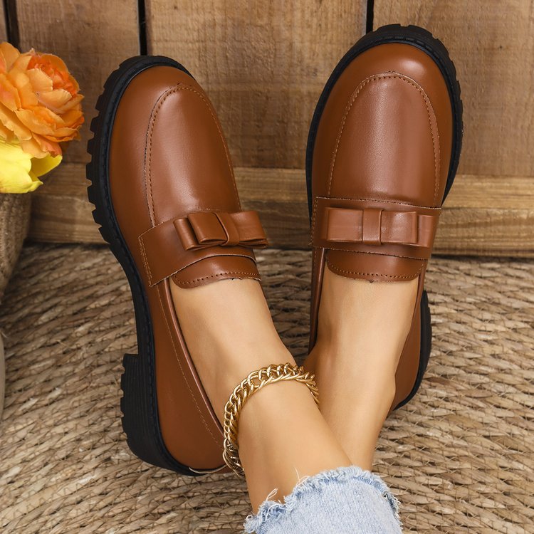 Women's british style leather loafers for cross-border e-commerce: new  autumn/winter collection - chunky sole, slip-on, plus size, with bow detail
