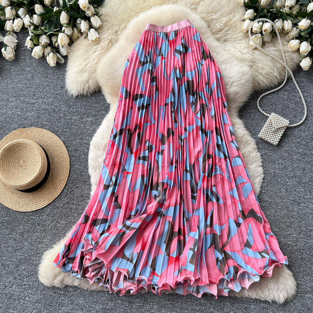 Export cross-border printing high waist a-line pleated skirt women's summerpleated skirt mid-length skirt work clothing holiday style