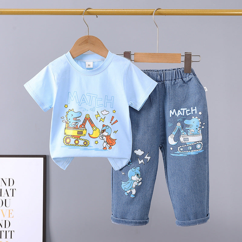 Summer  new arrivals: 0-5 year old kids' cartoon car & animal print crewneck short sleeve & denim pants two-piece cotton set