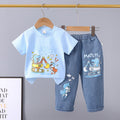 Summer  new arrivals: 0-5 year old kids' cartoon car & animal print crewneck short sleeve & denim pants two-piece cotton set
