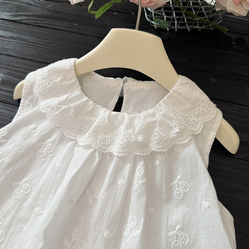 Summer girls' new embroidered cherry sleeveless blouse, stylish and trendy baby girl's clothes, kids' tops, children's fashion apparel