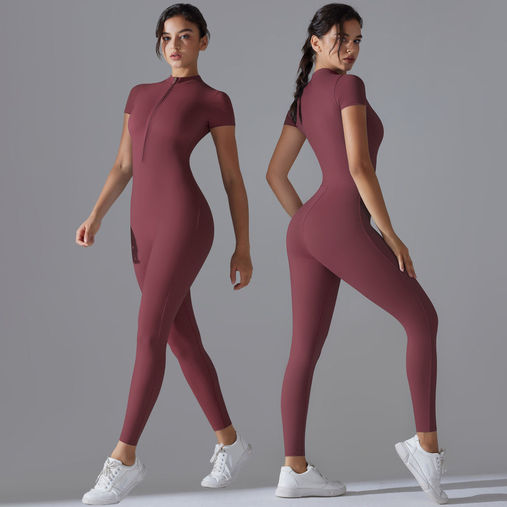 European and american nude feel zipper short sleeve yoga bodysuit - quick-dry, breathable, outdoor sports compression suit - fitness apparel