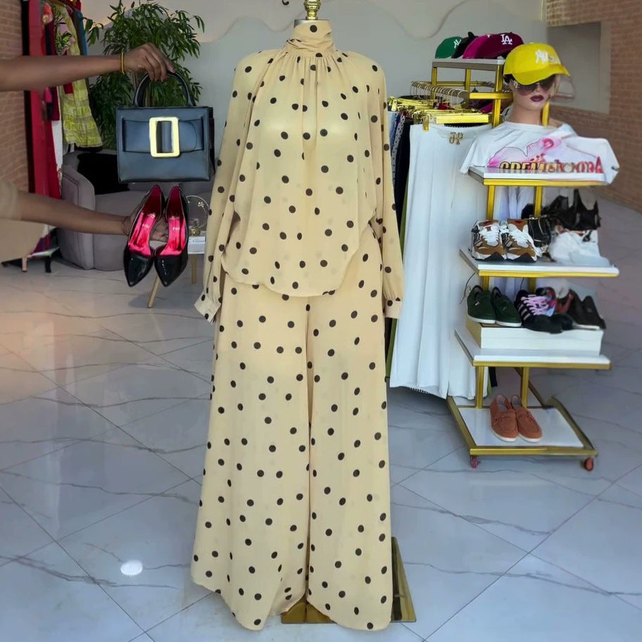 European and american cross-border women's clothing:  summer new arrival - elegant and chic polka dot blouse with high-waisted wide-leg pants casual set