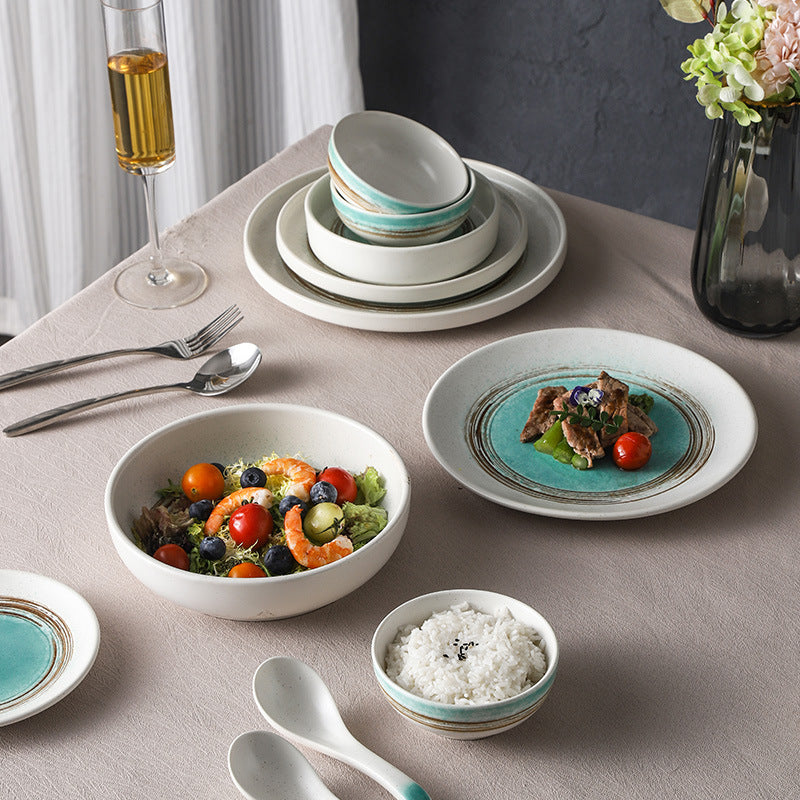 Personalized retro ink style ceramic tableware bowls, plates, dishes, restaurant for home threaded dessert plate, good-looking western dinner plate