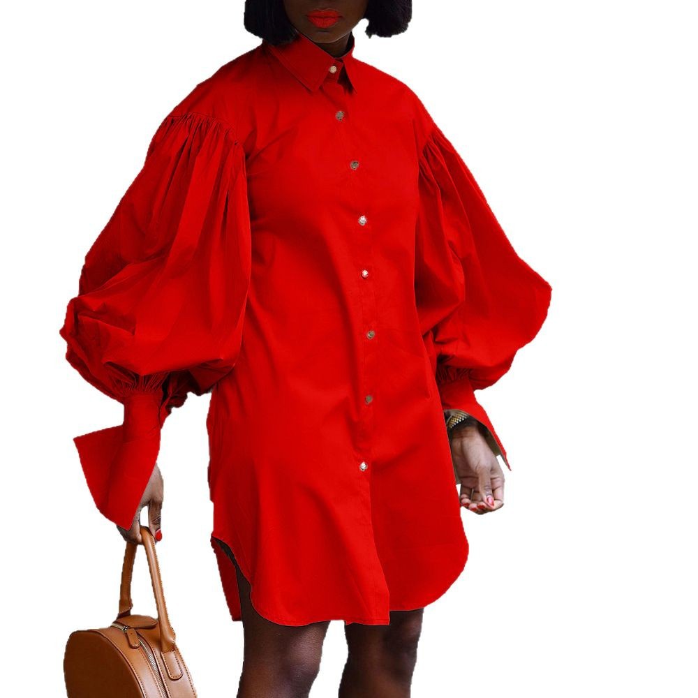 D165 european and american  summer plus size loose puff sleeve solid color slit lapel long sleeve shirt dress cross-border dress