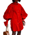 D165 european and american  summer plus size loose puff sleeve solid color slit lapel long sleeve shirt dress cross-border dress