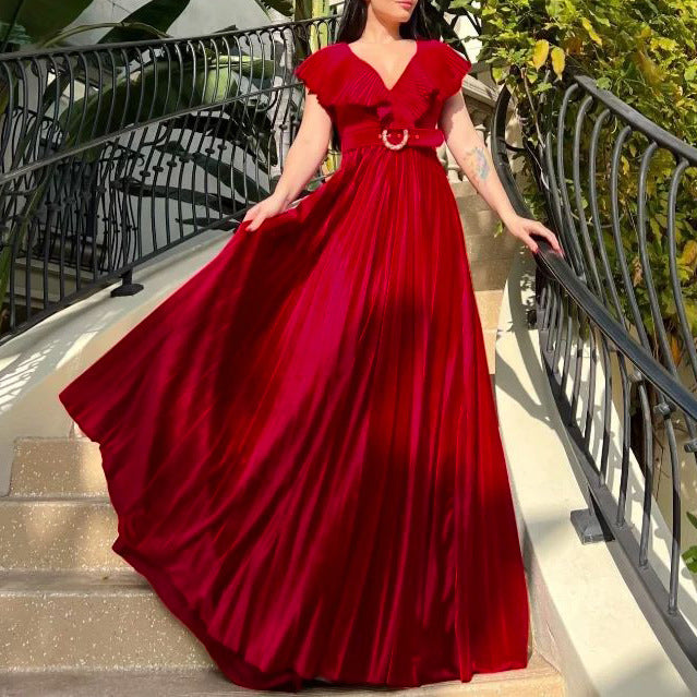 D3159p belted plus size women's v-neck solid color pleated ruffle hem maxi dress - european & american style - wholesale dress