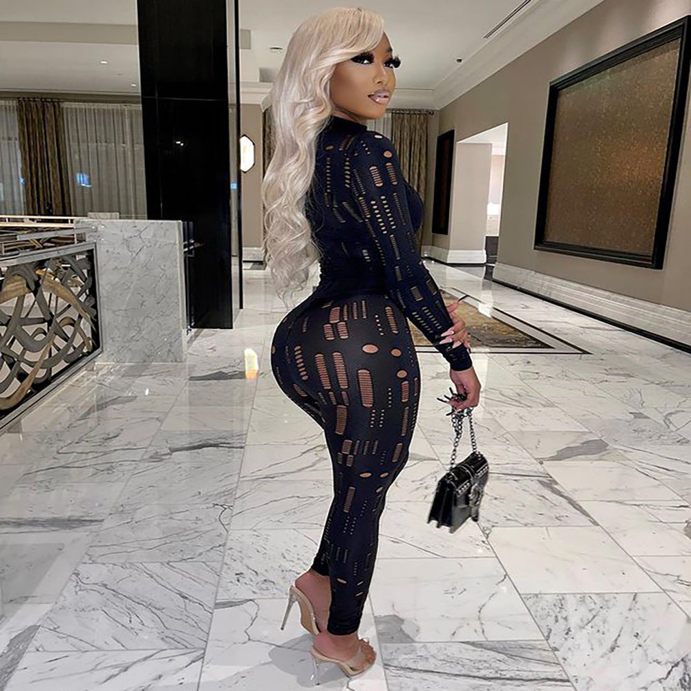 European and american export women's clothing:  independent site fashionable sexy hollow-out distressed tight-fitting long sleeve two-piece set