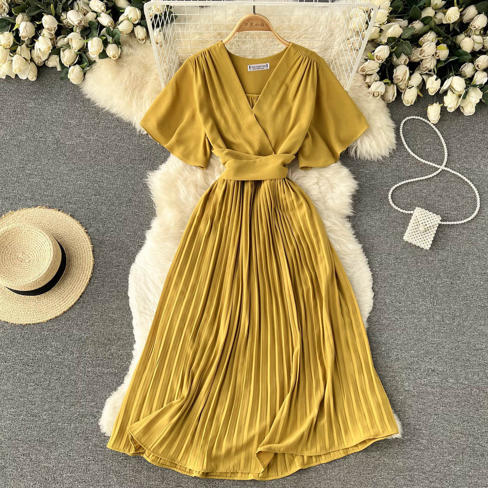 French pleated silmlong holiday style chiffon pleated long skirt pure colorelegantv necknew arrivalfrenchdress